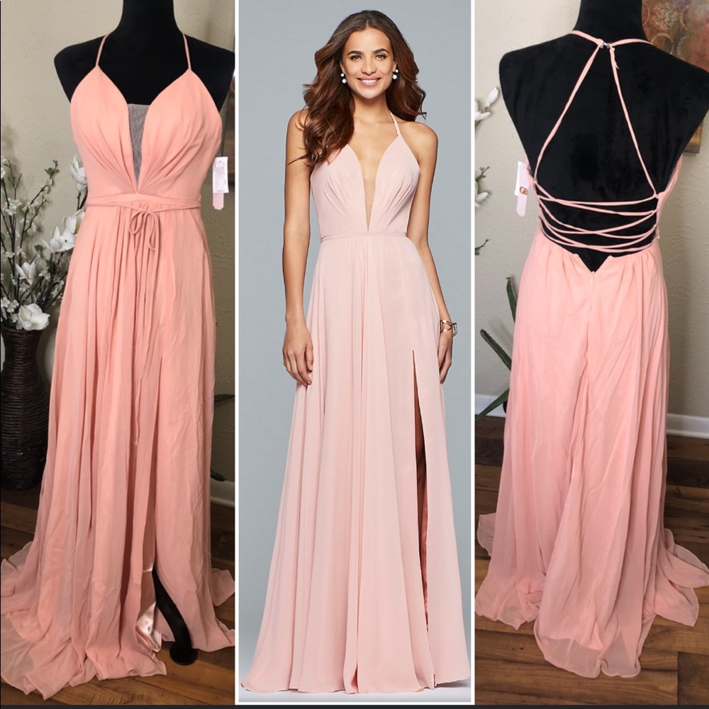 Gianni Bini Plunging Neckline Corset Back Prom Bridesmaid Pink Dress w/Side Slit